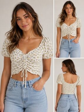 Active USA Floral Ruched Crop Top Size L White Yellow Puff Sleeve Cottagecore Mi